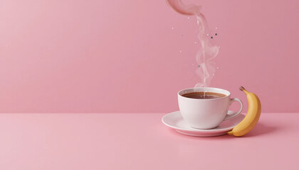 Steaming cup of coffee sits on saucer against pink background, accompanied by banana. scene is minimalistic and vibrant, creating warm and inviting atmosphere