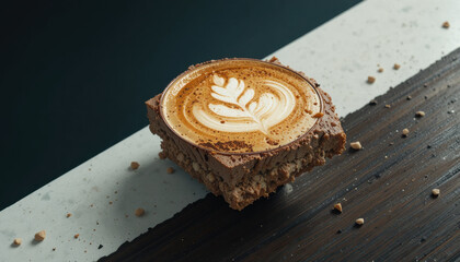 Square piece of dessert with latte art design top sits textured surface, surrounded by scattered crumbs. dessert appears to be combination of coffee and chocolate flavors, creating visually