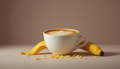 Cup of coffee with latte art sits between two bananas on smooth surface, surrounded by scattered banana chips, creating warm and inviting scene