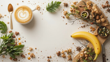 Cup of cappuccino with latte art sits on white surface surrounded by banana, nuts, seeds, and green leaves, creating natural and inviting breakfast scene