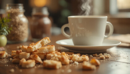 Steaming cup of coffee sits on wooden table surrounded by crumbled cookies, creating cozy and inviting atmosphere. background features jars of ingredients, adding rustic touch