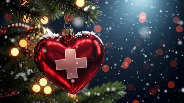 Red heart shape Christmas ornament with white cross hanging on a festive tree branch. Healthcare and medical support during holiday season for greeting card.