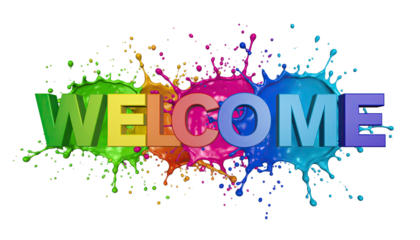 Welcome text with vibrant color splash dynamic paint explosion festive typography greeting artwork isolated on white background