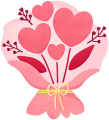 Heart shaped flowers bouquet with red leaves illustration. Romantic clipart for valentine designs, love themes, greeting cards, posters, and anniversary decorations.