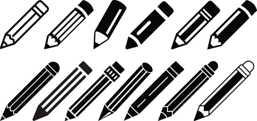 Black pencil silhouette writing tool vector drawing instrument education icon isolated graphic.Collection of vector icons for writing and artistic tools: pen, pencil, marker, paintbrush