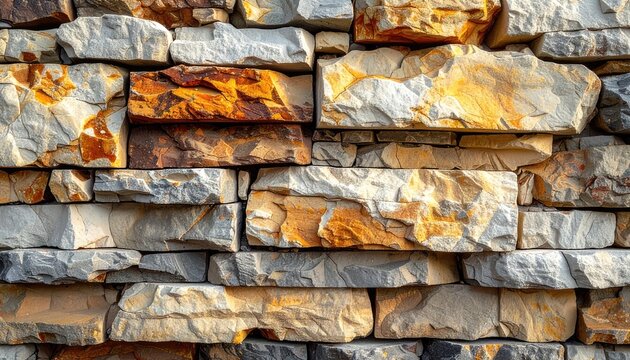 A close-up view of a stacked dry-stone wall featuring rugged, multi-colored rock textures.