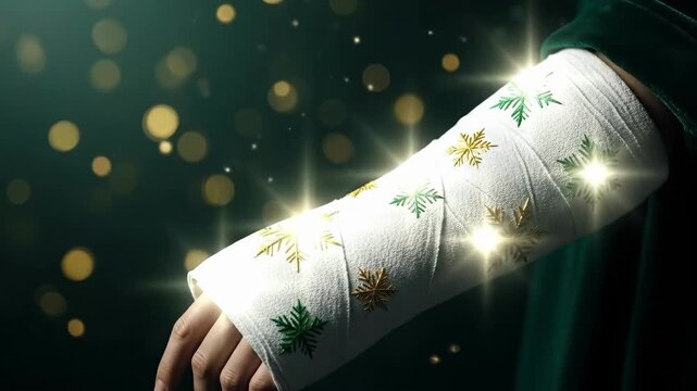 Woman with a broken arm in a cast decorated with green and gold snowflakes. Celebrating Christmas with an injury. Holiday season concept.