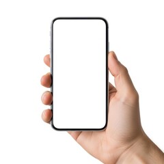 Hand holding smartphone, isolated on white background