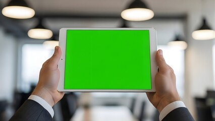 Handheld Tablet Mockup with Green Screen: Professional Business Presentation Template in Modern Office Setting