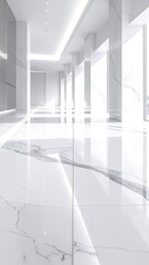 Fototapeta premium Bright, minimalist interior hallway featuring polished white marble and geometric light reflections.
