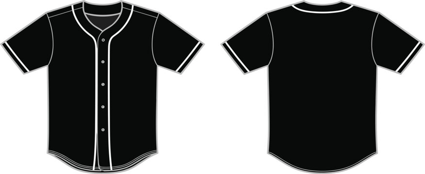 Black baseball jersey template, front and back view, sportswear mockup, button-down design, apparel vector, athletic clothing illustration