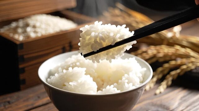 Steaming hot white rice bowl with chopsticks on rustic wooden table fresh grain background food preparation