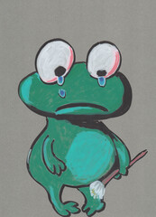 Cute Crying Frog Cartoon Sad Green Character Holding a Wilted Flower