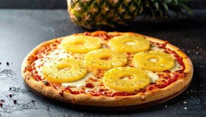 Pizza topped with pineapple slices and a background pineapple
