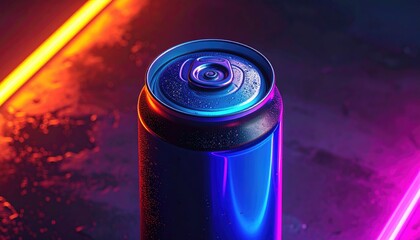 A blue beverage can under neon lights, close-up with a reflective surface
