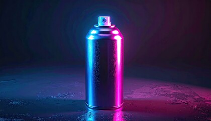 Metallic aerosol spray can lit by vibrant blue and pink neon light