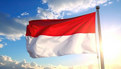 A national flag waves with bright red over white against a sunny sky