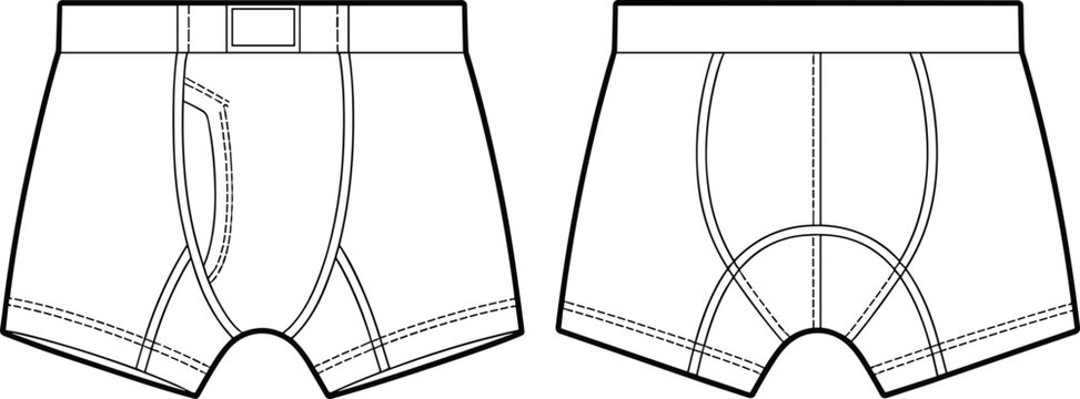 Boxer briefs template, front and back view, men&rsquo;s underwear sketch, fashion flat, garment design, technical drawing, apparel vector