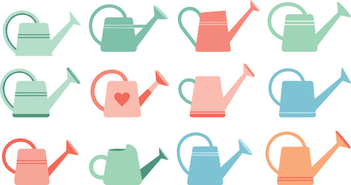 Set of flat vector watering cans in pastel colors for gardening, horticulture, spring plant care, and backyard farming icons.