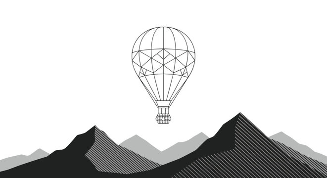Hot Air Balloon Flying Over Mountains Minimalist Line Art.
