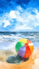 Obraz premium Vibrant beach ball watercolor scene captures summer joy on a sunlit sandy shore vacation mood