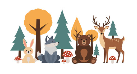 Naklejka premium Cute Forest Animals and Trees Illustration.