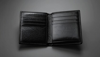 Open, empty, black wallet on a gray surface with space for cards