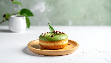 Green glazed donut with sprinkles on a wooden plate, plant in background