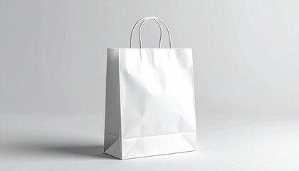 A pristine white shopping bag with handles stands against a light gray backdrop
