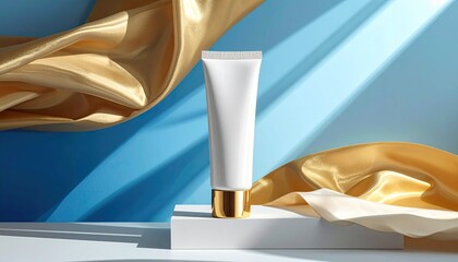 White skincare tube on a pedestal with gold accents and flowing fabric