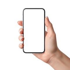 Hand holding smartphone, isolated on white background