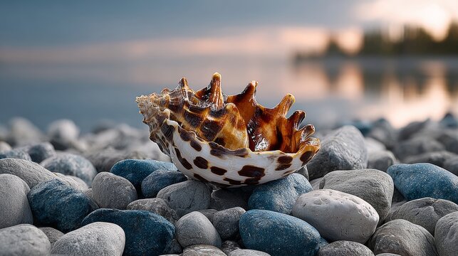 A shell is laying on a rocky beach. The shell is brown and white with black spots. The beach is rocky and the sky is cloudy