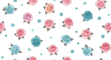 Beautiful Watercolor Roses and Polka Dots Pattern on White Background.