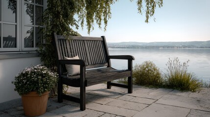 Obraz premium A black bench is sitting on a patio overlooking a body of water. The bench is empty and the view is serene and peaceful