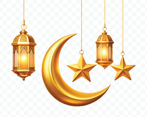 abstract 3d golden color crescent moon, lantern and star hanging in 3d different gold color style isolated on transparent background © MDShafaat