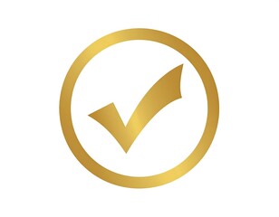 A golden tick mark icon inside of a golden circle, set on white