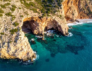 Coastal aerial view, showing cliffs, turquoise waters, and a cave entrance