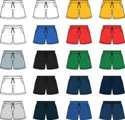 Drawstring shorts variety grid, assorted colors and patterns, fashion mockup, apparel template, casual wear design, garment illustration