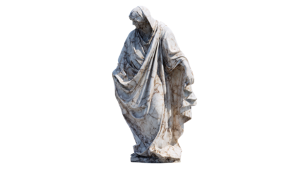 Marble statue of a robed figure in quiet contemplation evokes ancient grace with intricate on transparent background