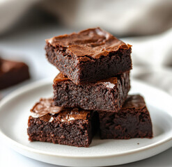 Collagen Protein Brownies With Fudgy Texture Stacked Neatly On White Plate
