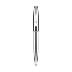Silver metal ballpoint pen with clip, elegant writing instrument isolated on transparent background for office, business, school, and daily writing tasks