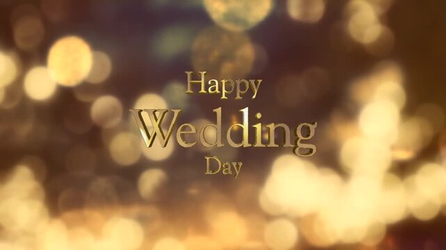 結婚式の背景　キラキラ輝くキャンドルの光の丸ボケにHappy Wedding Dayの3dテキスト　光を反射する文字の表面　ウエディング・オープニング・タイトル・お祝いの背景