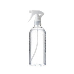 Transparent spray bottle with trigger nozzle isolated on transparent background, reusable household container for cleaning liquid, water misting, salon, and gardening applications