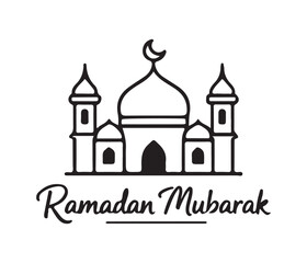 Simple line art mosque with crescent moon for Ramadan Mubarak celebration