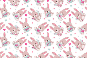Adorable bunny pattern featuring illustrations of love-themed rabbits holding hearts and messages. Perfect for Valentine s Day designs and romantic occasions. Vector illustration format.