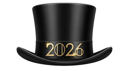 Black top hat with 2026 isolated on transparent background