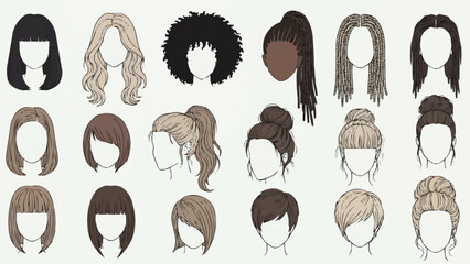 A diverse collection of illustrated female hairstyles and haircut variations, showcasing a range of lengths, textures, and updos for design, beauty, and fashion projects