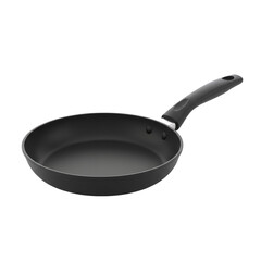 Black frying pan isolated on black background, nonstick cooking pan with handle, kitchen cookware for home cooking and food preparation, realistic product render
