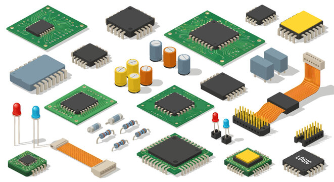 Isometric Electronic Components Set with Microchips, CPU Processors, Capacitors, and Circuit Boards, 3D Hardware Engineering Hardware Elements for PCB Design and Computer Technology