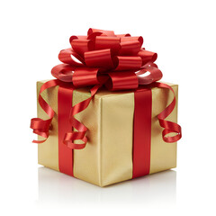 Golden gift box with red ribbon isolated on black background, festive present packaging for celebration, holiday surprise and luxury occasion, realistic product illustration